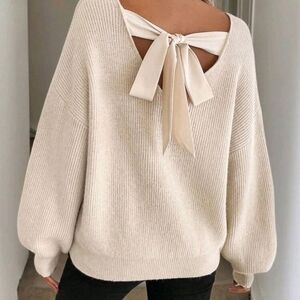 SHEIN Cream V-Neck Sweater with Bow